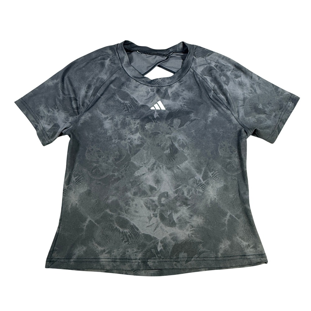 Adidas‎ Womens T-Shirt Keyhole Back Tie Dye Floral Grey Athletic Top S